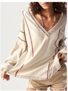 SHEIN Cream V-Neck Long Sleeve Top with Red Contrast Stitching